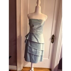 J S Collections Light Blue Satin Tiered Cocktail Dress Size 10